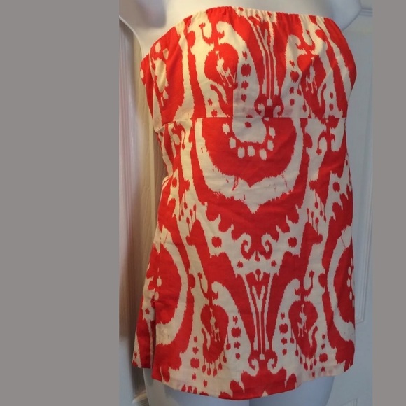 J. CREW Strapless Top Ikat Shirt Blouse Orange White Geometric Summer Time Beach - Picture 2 of 6
